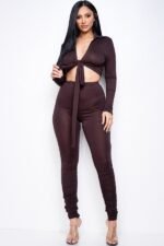 Solid Heavy Rayon Spandex Collared Tie Front Top And Ruched Pants Two Piece Set - Image 2