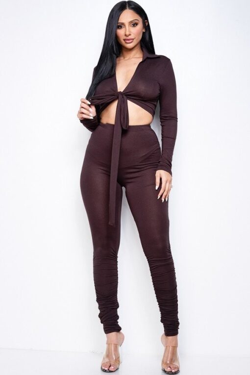 Solid Heavy Rayon Spandex Collared Tie Front Top And Ruched Pants Two Piece Set - Image 2
