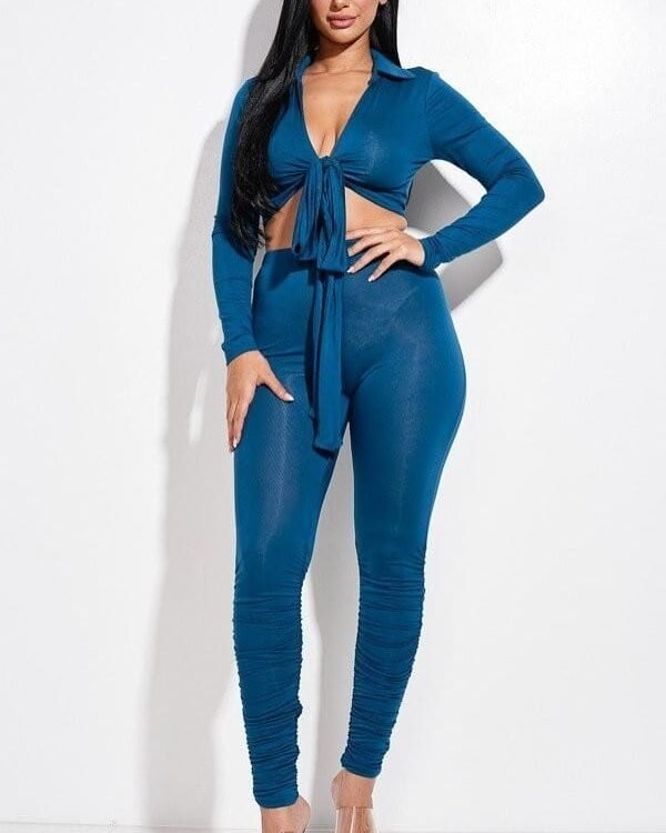 Solid Heavy Rayon Spandex Collared Tie Front Top And Ruched Pants Two Piece Set