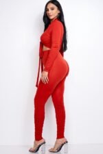 Solid Heavy Rayon Spandex Collared Tie Front Top And Ruched Pants Two Piece Set - Image 4