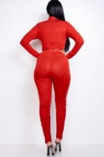 Solid Heavy Rayon Spandex Collared Tie Front Top And Ruched Pants Two Piece Set - Image 5