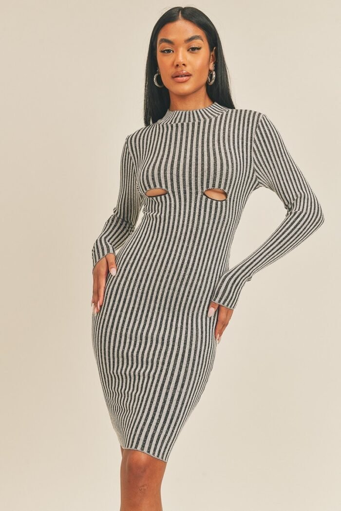 Long sleeve stripe print midi dress