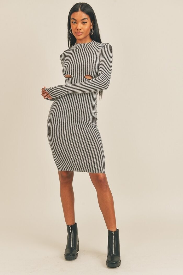 Long sleeve stripe print midi dress