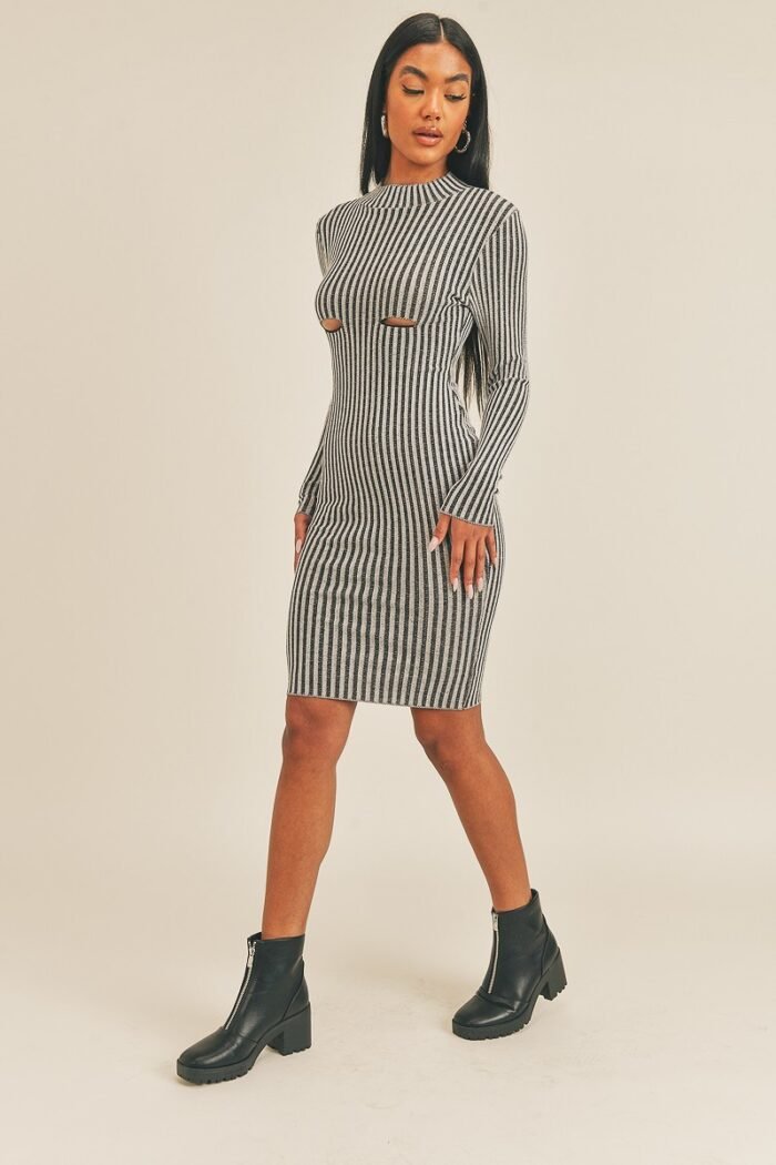 Long sleeve stripe print midi dress