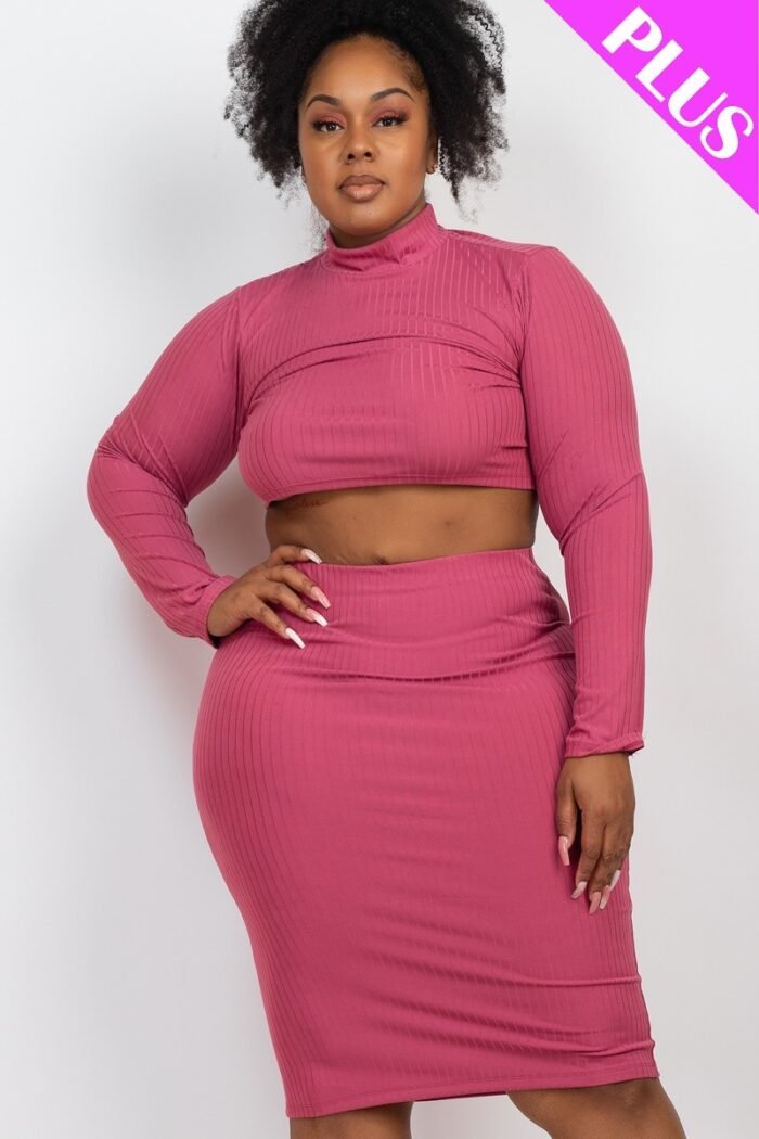 Plus size ribbed mock neck crop top & midi skirt set - image 1