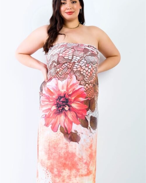 plus peach flower print sleeveless midi dress