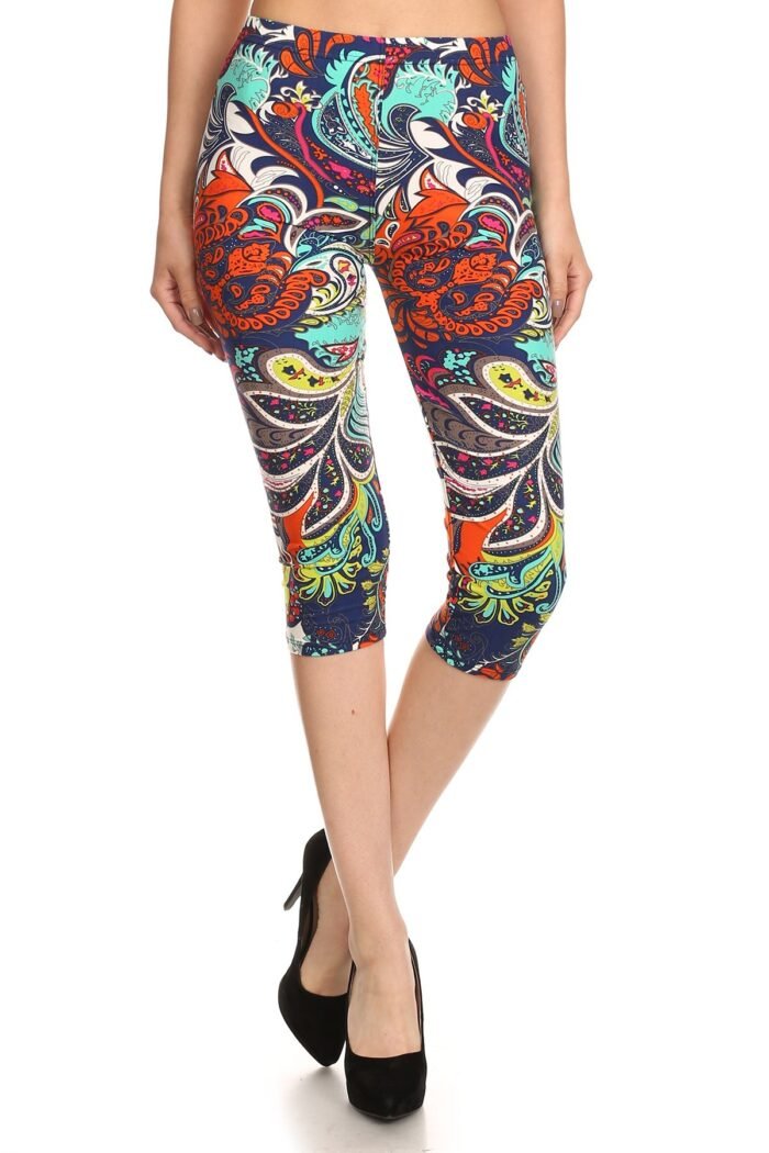 Multi-color ornate print cropped length fitted leggings with high elastic wa...