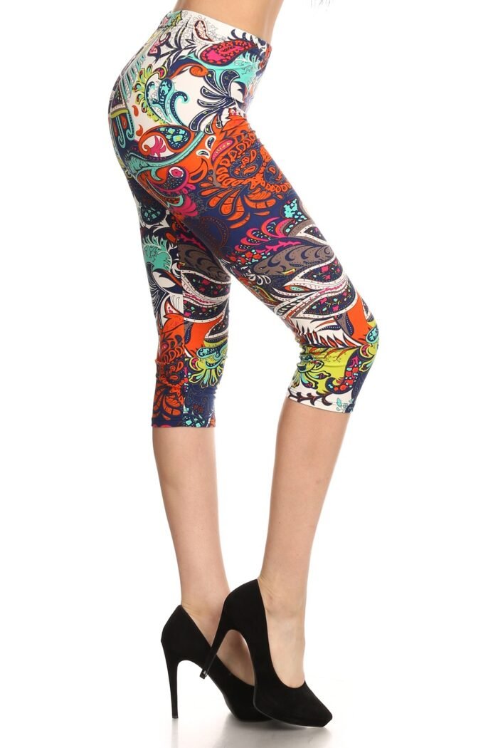 Multi-color ornate print cropped length fitted leggings with high elastic wa...