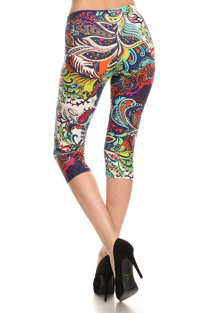 Multi-color ornate print cropped length fitted leggings with high elastic wa...