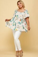 Plus Size Floral Check Printed Rayon Challis Square Neck Fashion Top - Image 2