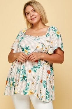 plus size floral check printed rayon challis square neck fashion top