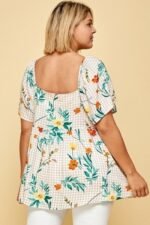 Plus Size Floral Check Printed Rayon Challis Square Neck Fashion Top - Image 4