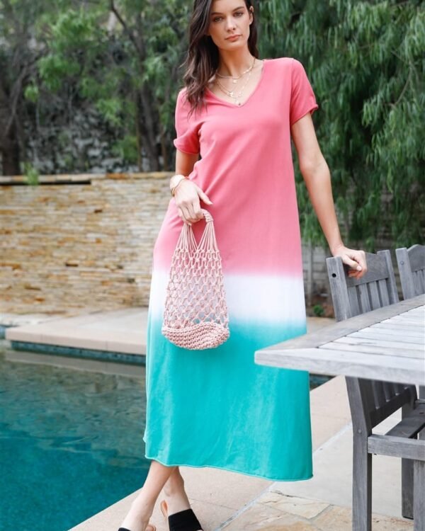 Brick Multi Color Cotton Tie-dye V-neck Maxi Dress