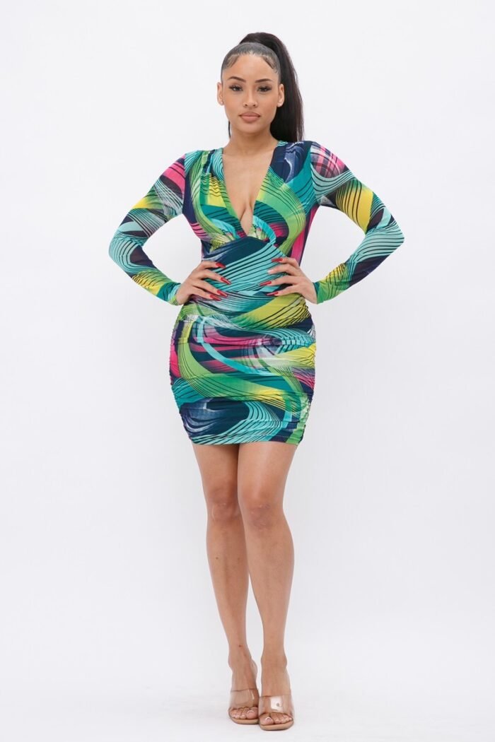 Long sleeve printed v-neck dress