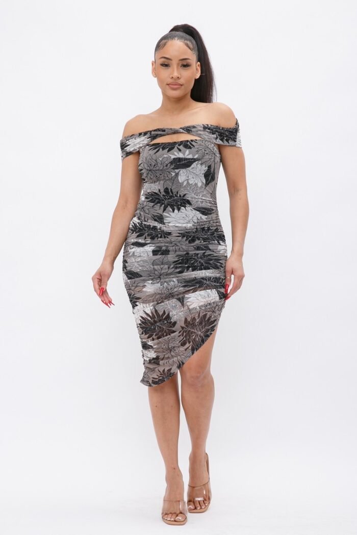 Printed mesh off shoulder dress