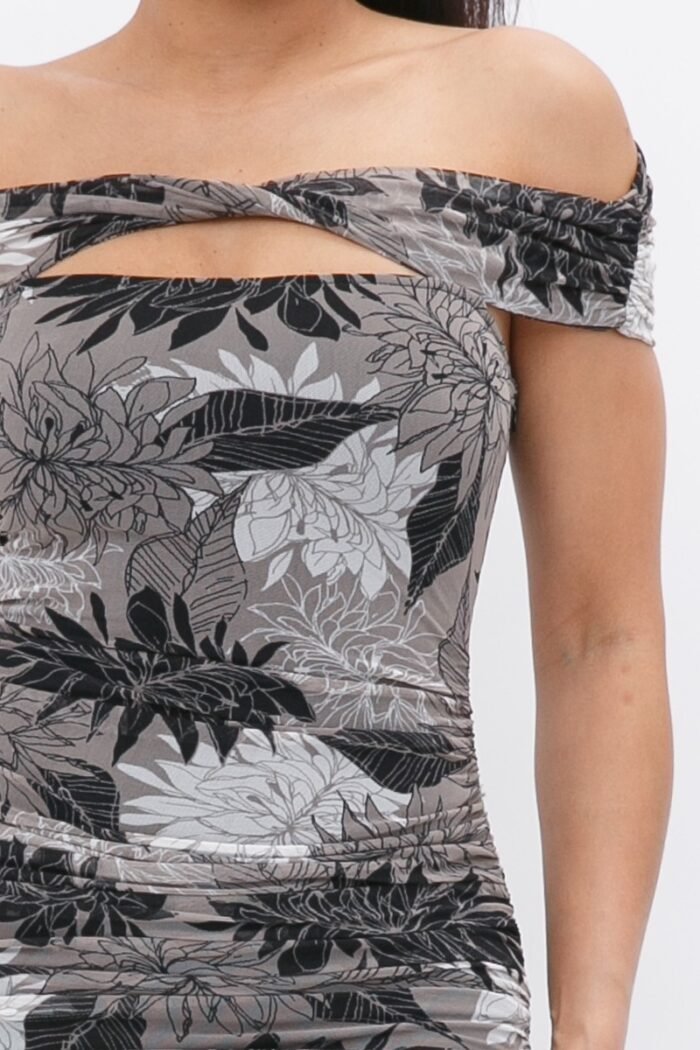 Printed mesh off shoulder dress