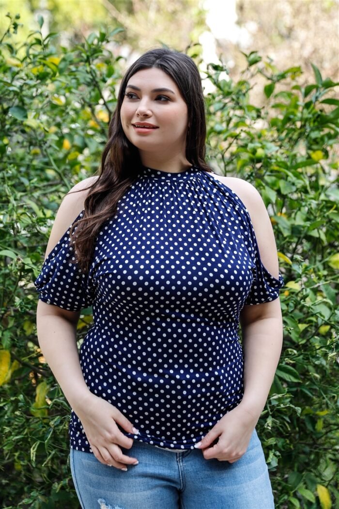 Plus polka dot cold shoulder short sleeve back self-tie top