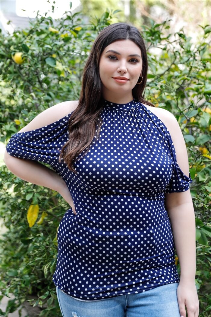 Plus polka dot cold shoulder short sleeve back self-tie top