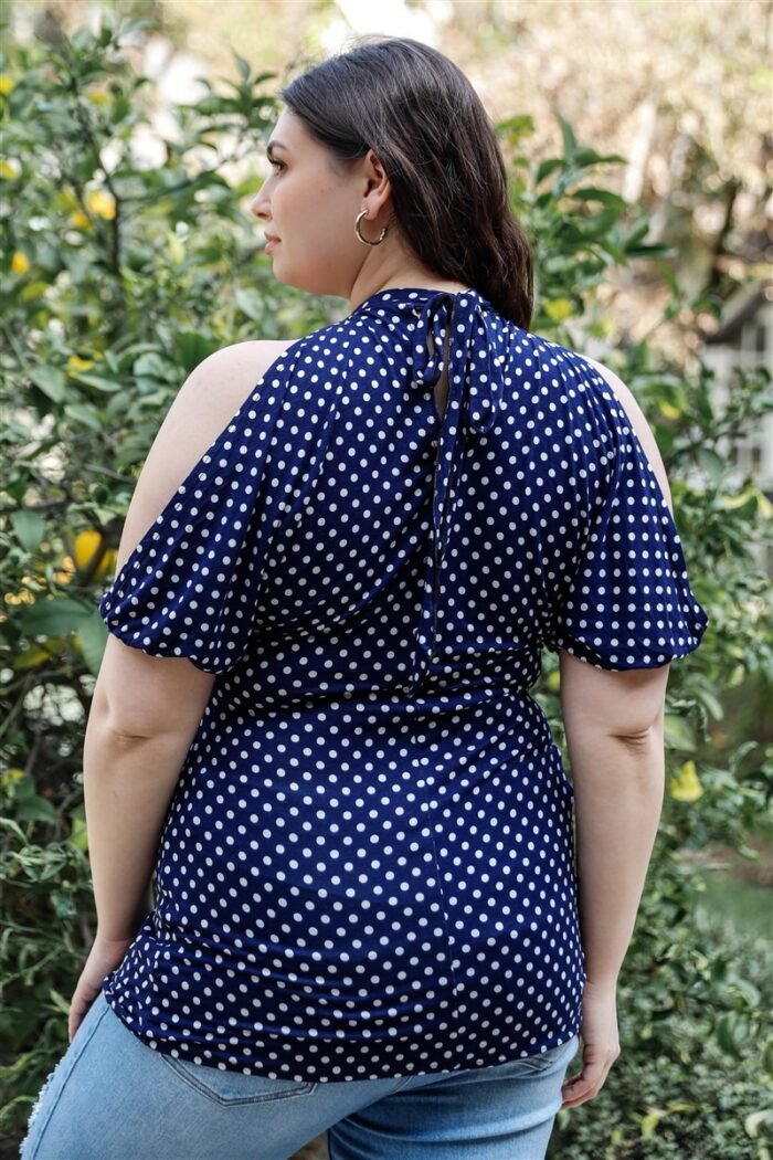 Plus polka dot cold shoulder short sleeve back self-tie top