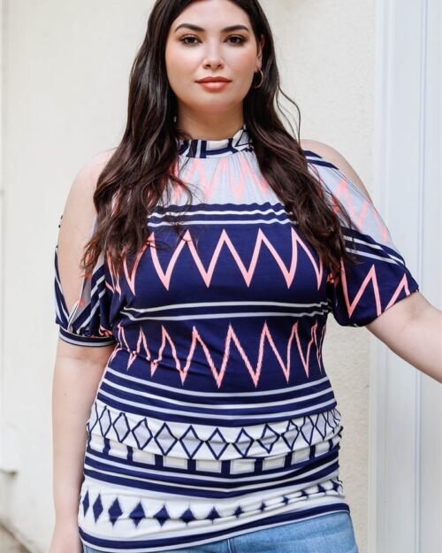 plus polka dot cold shoulder short sleeve back self-tie top