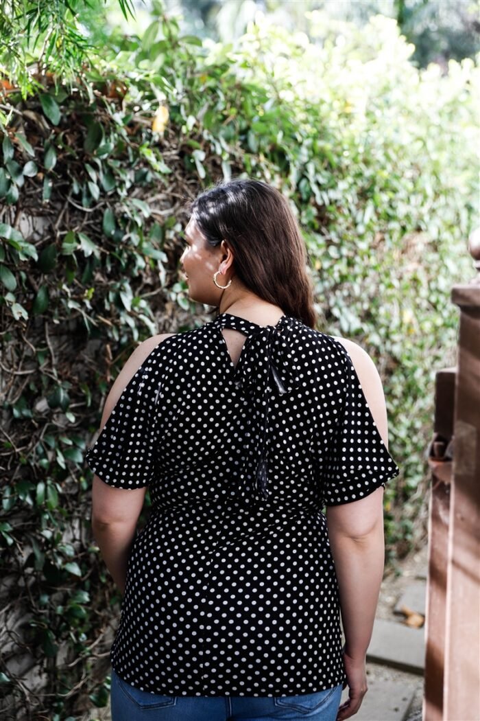 Plus polka dot cold shoulder short sleeve back self-tie top