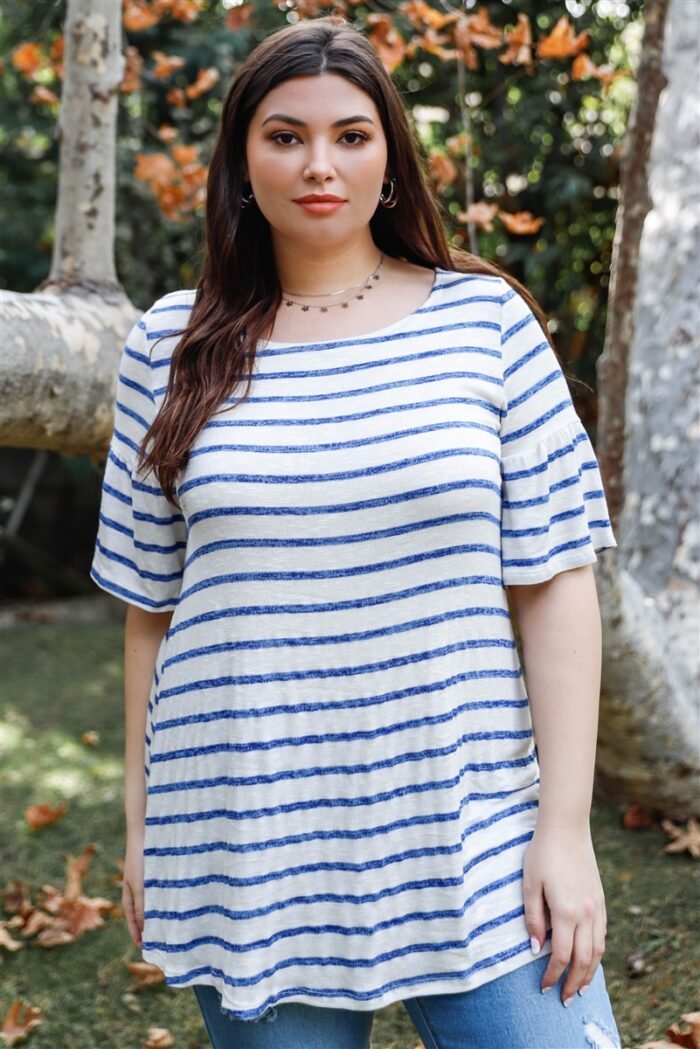 Plus stripe bell short sleeve top