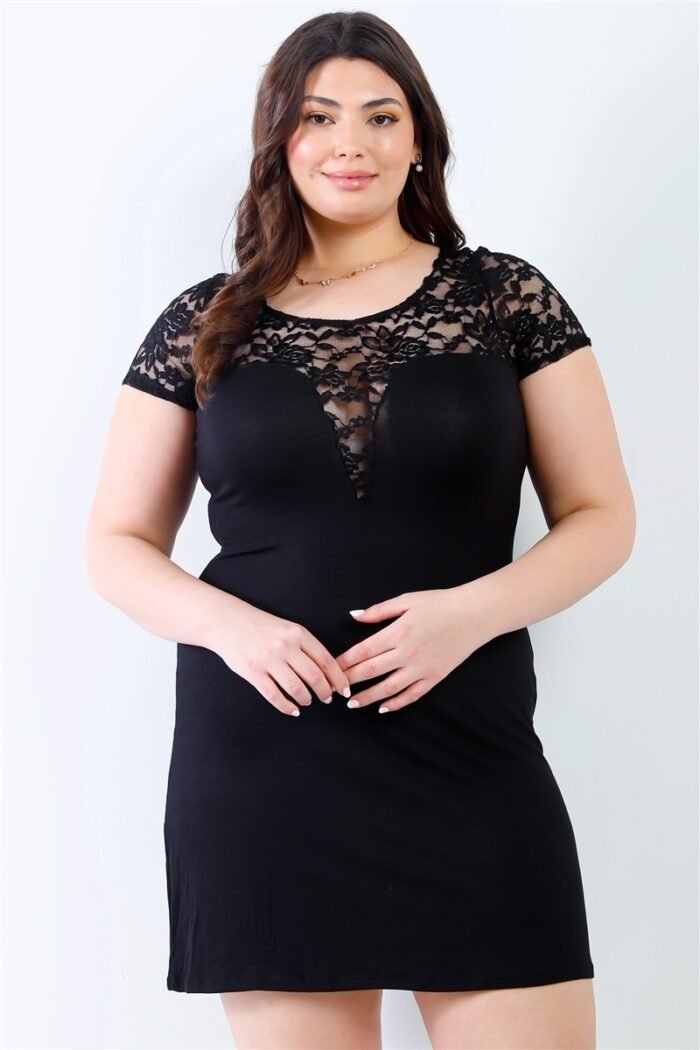 Plus lace details short sleeve mini dress - image 1