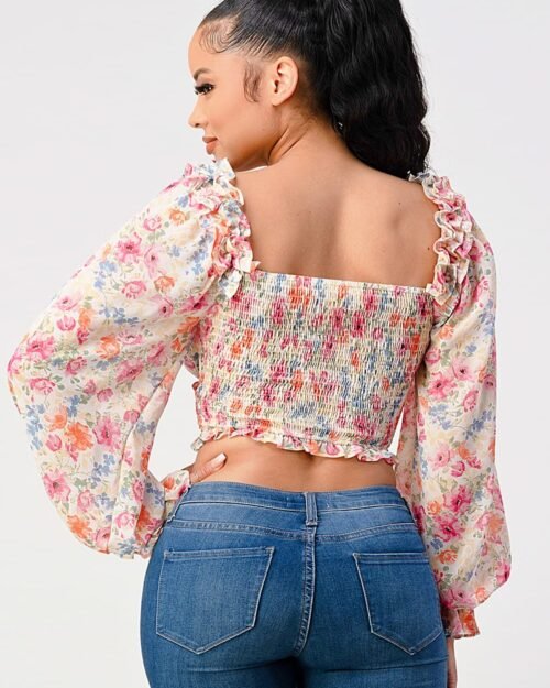 chic floral sweetheart smocked body blouse top
