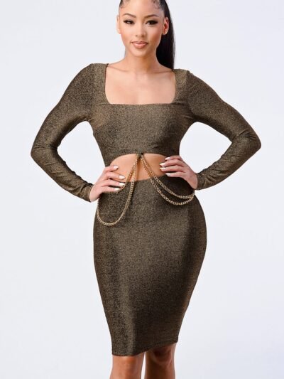 Luxe Waist Gold Chain Cut-out Detail Square Neck Glitter Bodycon Dress
