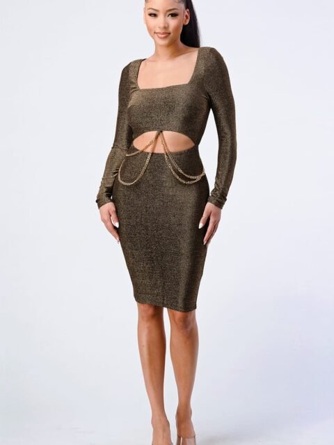 Luxe Waist Gold Chain Cut-out Detail Square Neck Glitter Bodycon Dress