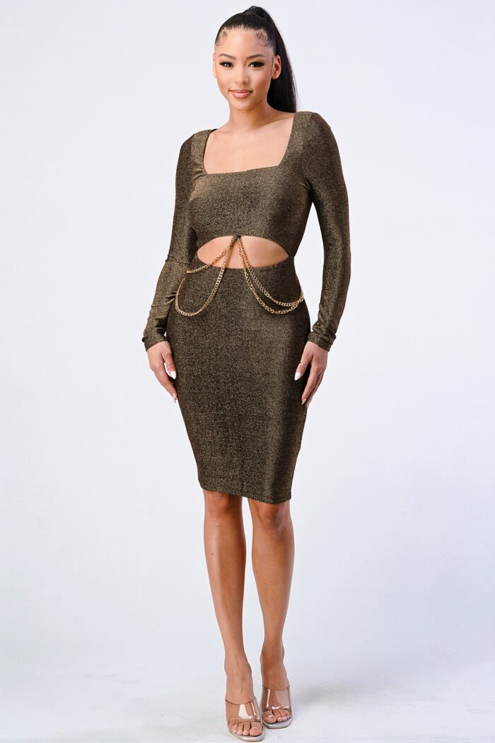Luxe waist gold chain cut-out detail square neck glitter bodycon dress