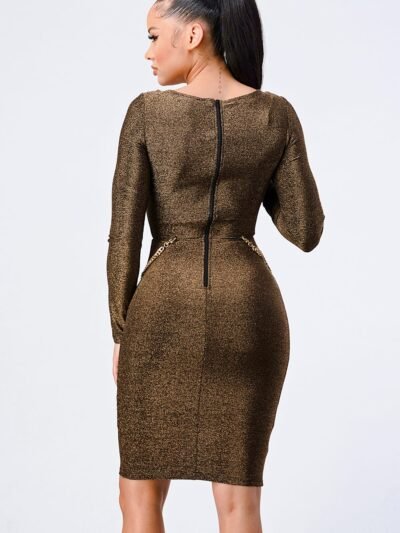 Luxe Waist Gold Chain Cut-out Detail Square Neck Glitter Bodycon Dress