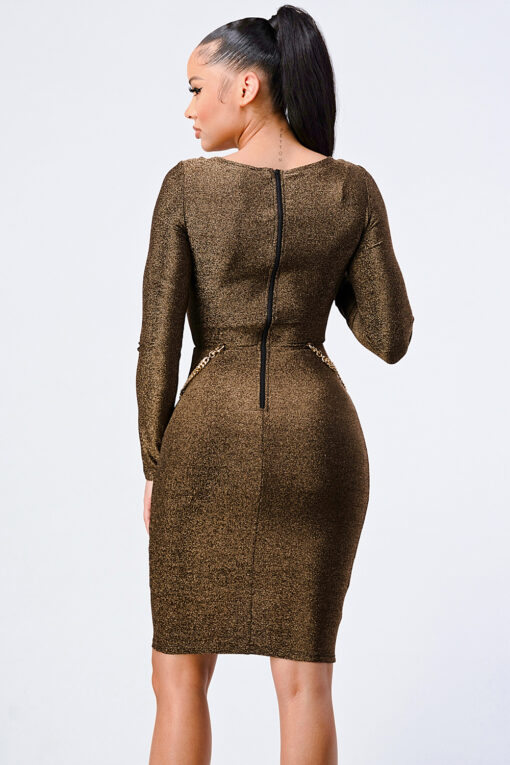 Luxe Waist Gold Chain Cut-out Detail Square Neck Glitter Bodycon Dress - Image 4
