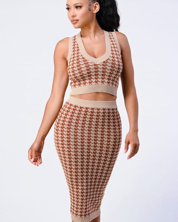 Luxe Gingham Rib Knit Top And Skirt Sets