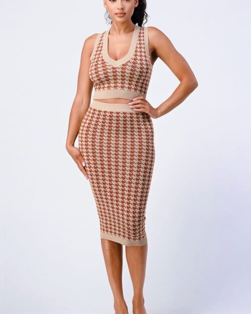 luxe gingham rib knit top and skirt sets
