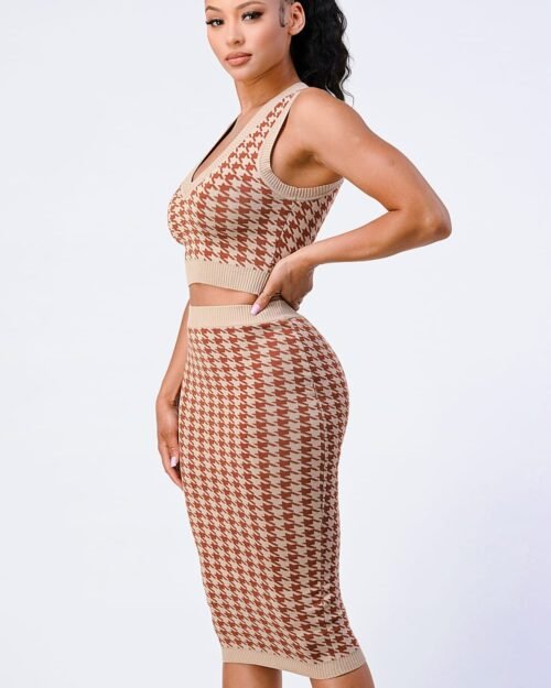 luxe gingham rib knit top and skirt sets