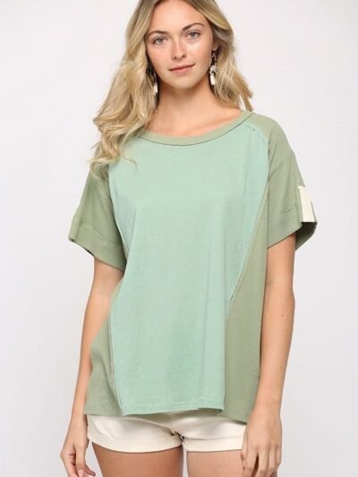 Ribbed And Solid Mixed Raw Edge Top