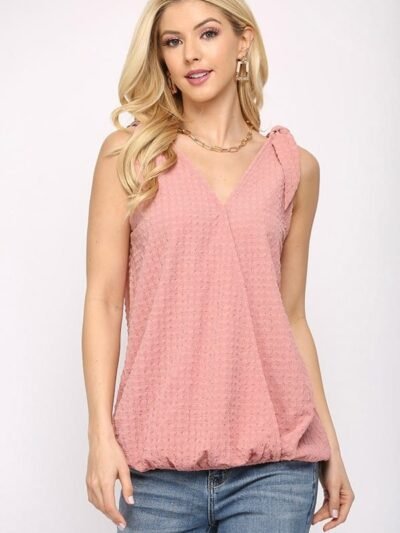 Solid Textured And Sleeveless Surplice Top With Shoulder Tie