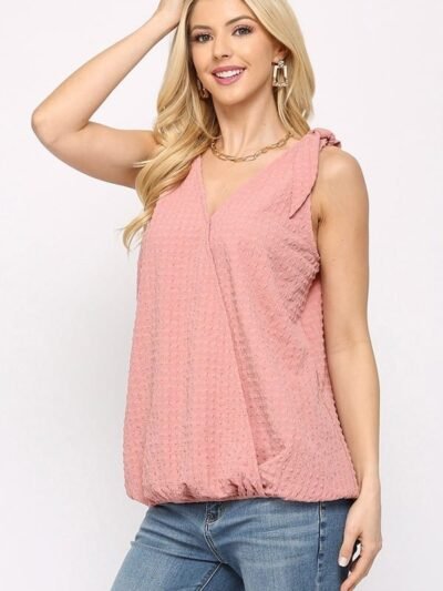 Solid Textured And Sleeveless Surplice Top With Shoulder Tie Solid Textured And Sleeveless Surplice Top With Shoulder Tie