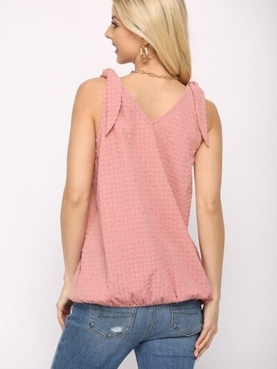 Solid Textured And Sleeveless Surplice Top With Shoulder Tie Solid Textured And Sleeveless Surplice Top With Shoulder Tie