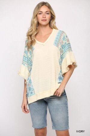 Texture Knit And Print Mixed Hi Low Hem Top Texture Knit And Print Mixed Hi Low Hem Top