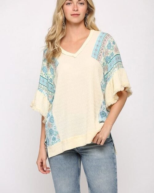 texture knit and print mixed hi low hem top