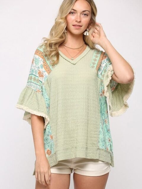 Texture Knit And Print Mixed Hi Low Hem Top