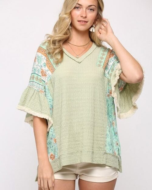 Texture Knit And Print Mixed Hi Low Hem Top
