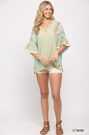 Texture Knit And Print Mixed Hi Low Hem Top Texture Knit And Print Mixed Hi Low Hem Top