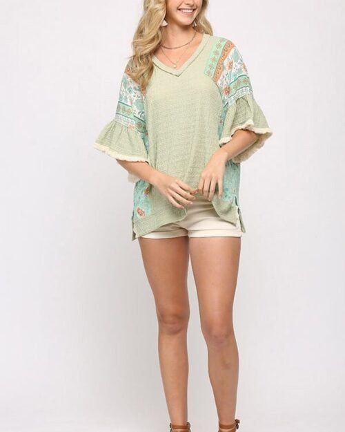 texture knit and print mixed hi low hem top