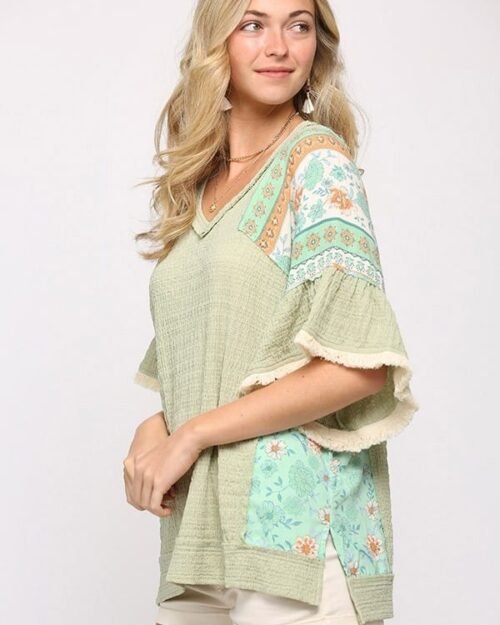 texture knit and print mixed hi low hem top