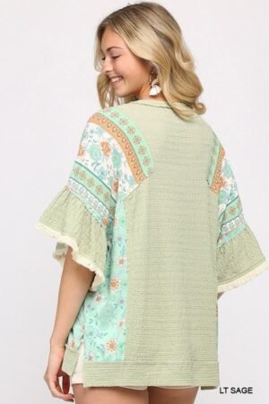 Texture Knit And Print Mixed Hi Low Hem Top Texture Knit And Print Mixed Hi Low Hem Top