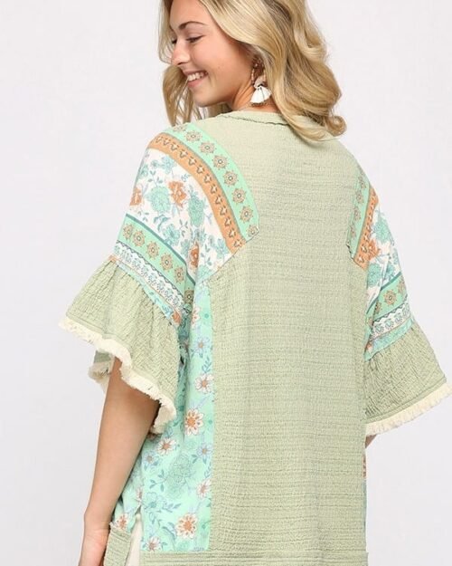 texture knit and print mixed hi low hem top