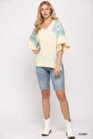 Texture Knit And Print Mixed Hi Low Hem Top Texture Knit And Print Mixed Hi Low Hem Top